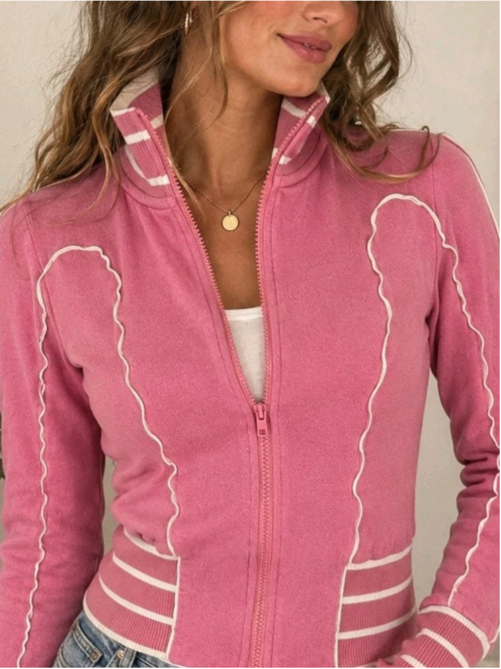 BDG Urban Outfitters Pink Terry Cloth Track Jacket L Y2K Zip Up Striped Retro